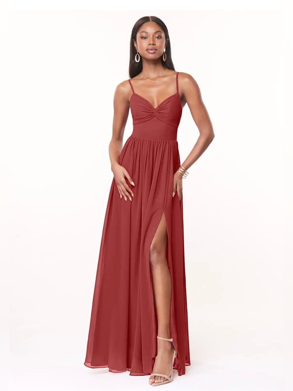 NWT, Azazie Zeta Rust A-Line V-Neck Pleated Chiffon Dress, Size: A10